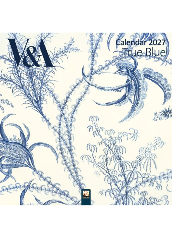 Calendar cover with blue botanical illustrations and V&A logo