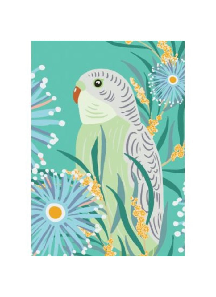 Illustration of a parakeet surrounded by flowers on a teal background