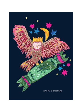 Hutch Cassidy Christmas Card - Owl With Cracker