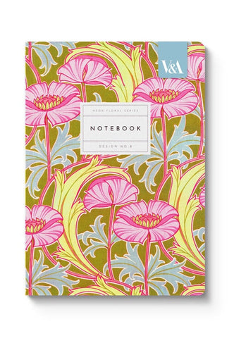 V&A A5 Soft Cover Notebook - Neon Floral Pink Poppies