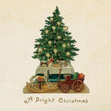 Vintage Christmas art print featuring a decorated green Christmas tree with ornaments, a horse-drawn sleigh, and a red carriage beneath a table, with the text 'A Bright Christmas' on a cream background.