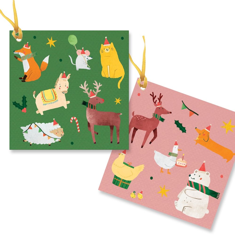 2 gift tags in green and pink with coloured animals in Christmas hats 