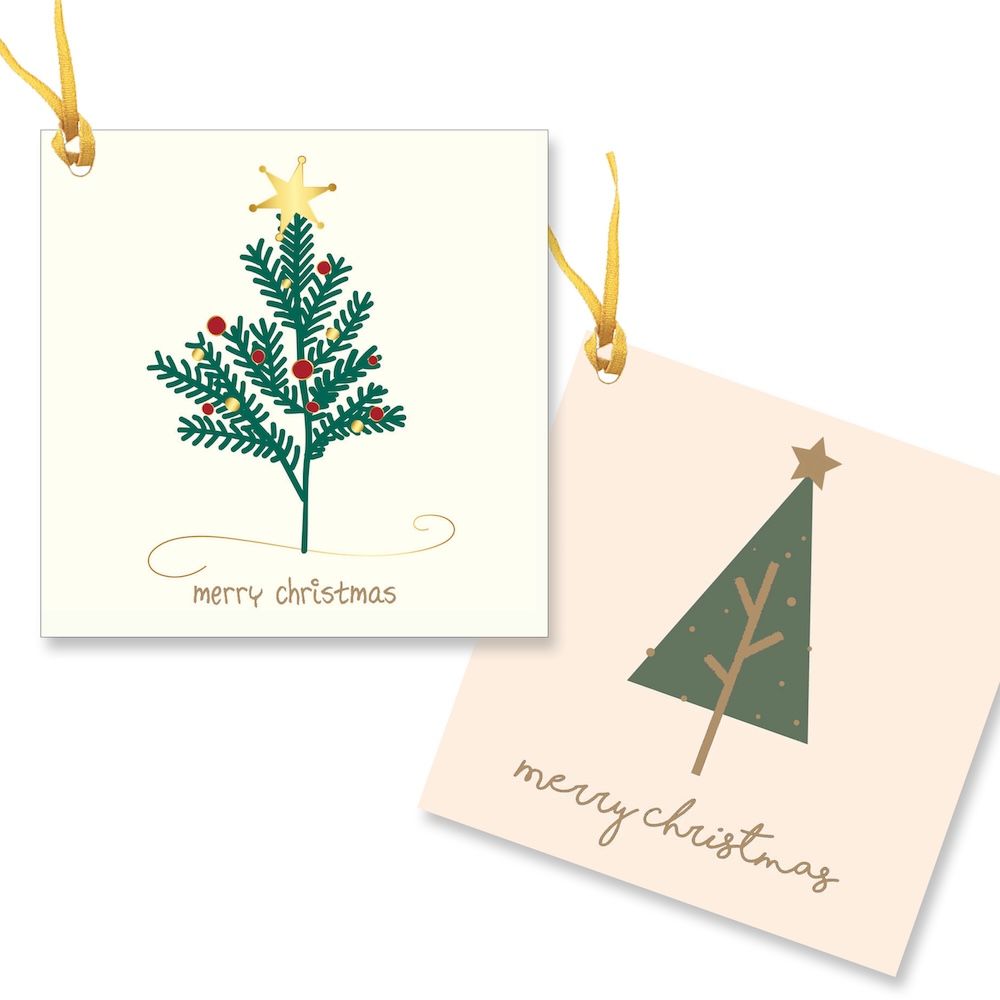 2 gift tags with green Christmas trees and gold stars.