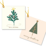 2 gift tags with green Christmas trees and gold stars.
