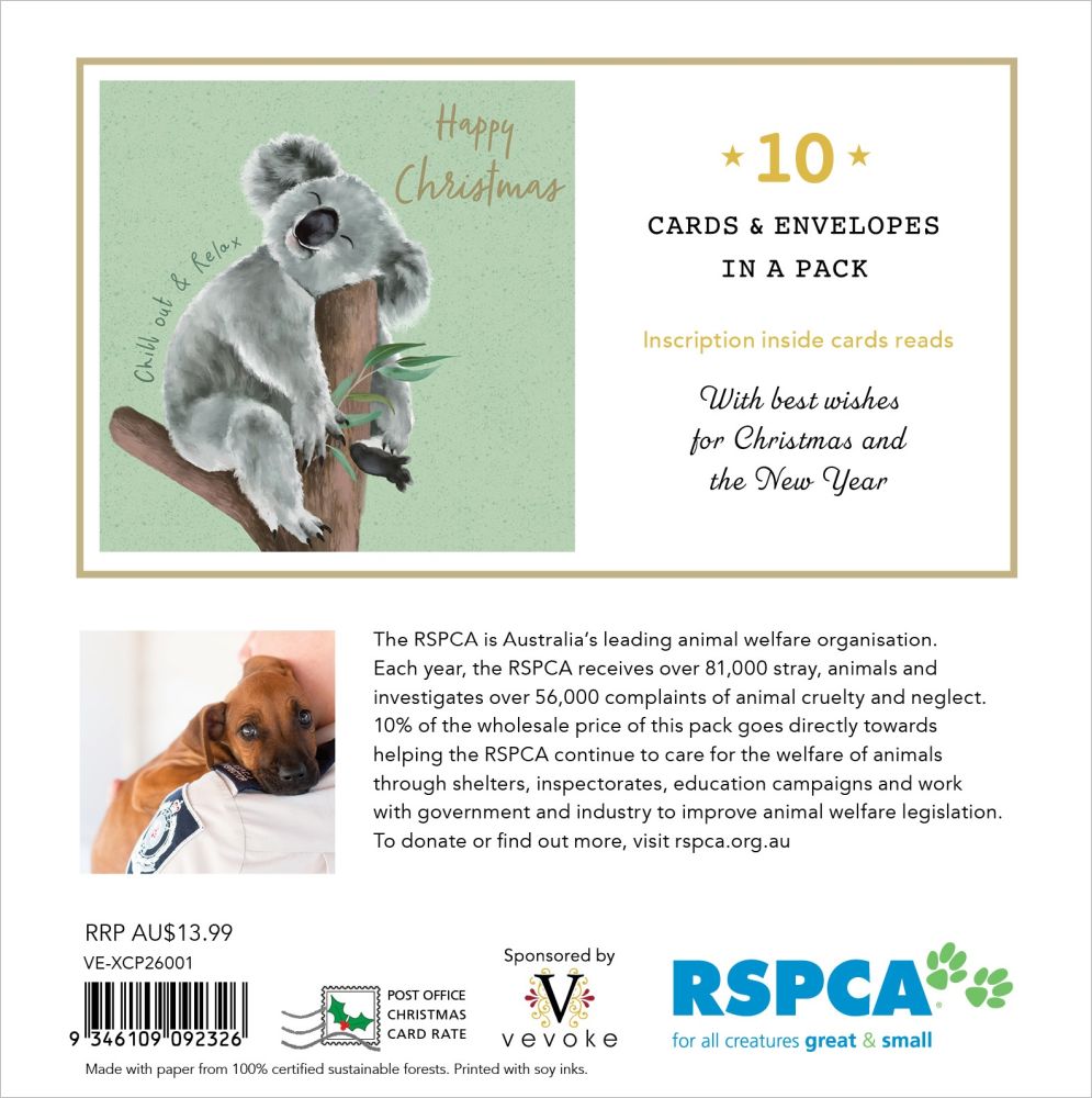 RSPCA Christmas card and envelope pack packaging insert showing a koala illustration, 'Happy Christmas' text, '10 CARDS & ENVELOMES IN A PACK,' product details, a small dog photo, barcode, and RSPCA and Vevo logos.