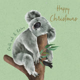 Illustration of a koala on a branch with 'Happy Christmas' text on a light green background