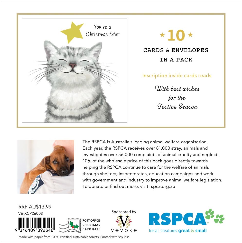 Back of a Christmas card pack insert showing a white cat illustration, text stating 'You're a Star' and '10 Cards & Envelopes in a Pack,' plus a small photo of a dog holding a card, product details, barcode, and sponsor logos including RSPCA and Vevoke.