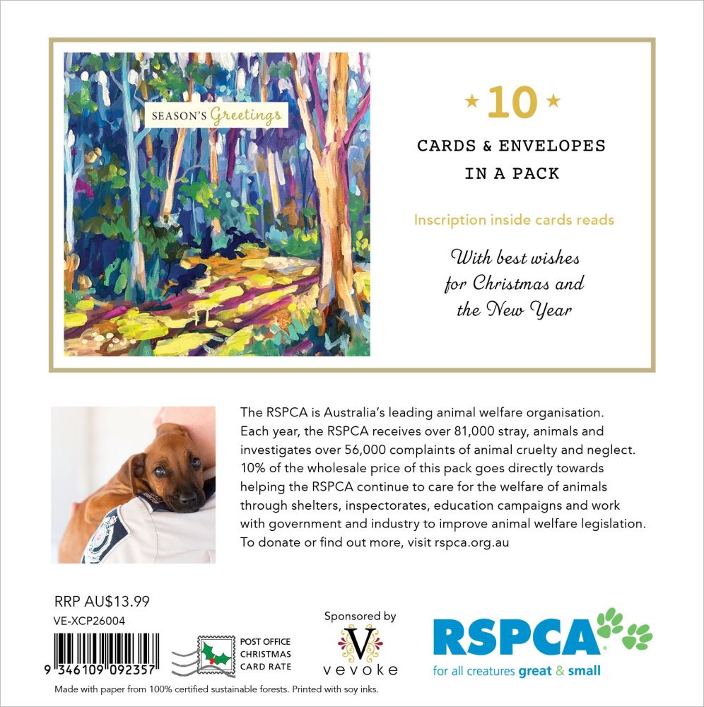 Back of a Christmas card pack with RSPCA branding and a colorful forest illustration.