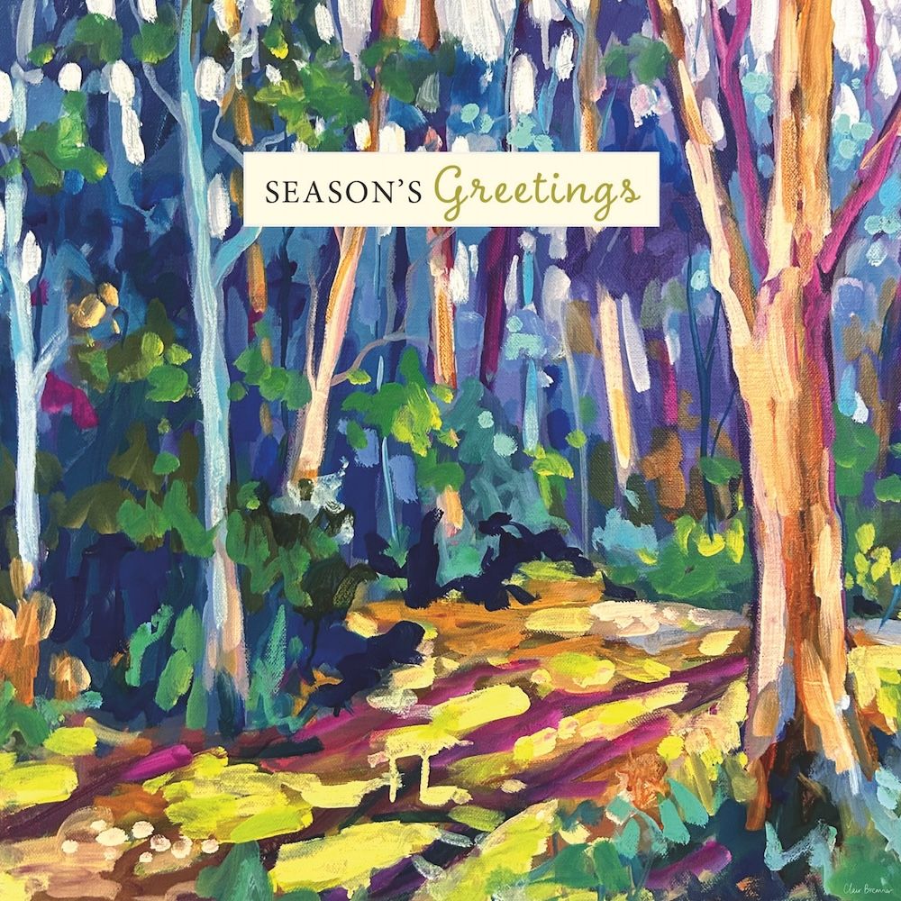 Colorful forest scene with 'Season's Greetings' text