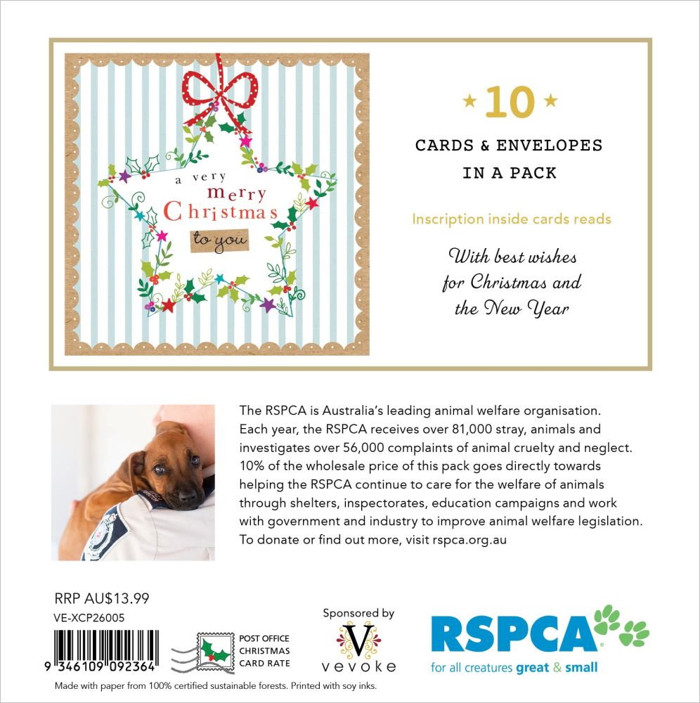 RSPCA Christmas card and envelope pack packaging showing a front card design with a striped blue-and-white background, floral border, red bow, and 'a very merry Christmas to you' message, plus text indicating 10 cards and envelopes in a pack and RSPCA branding on the back.