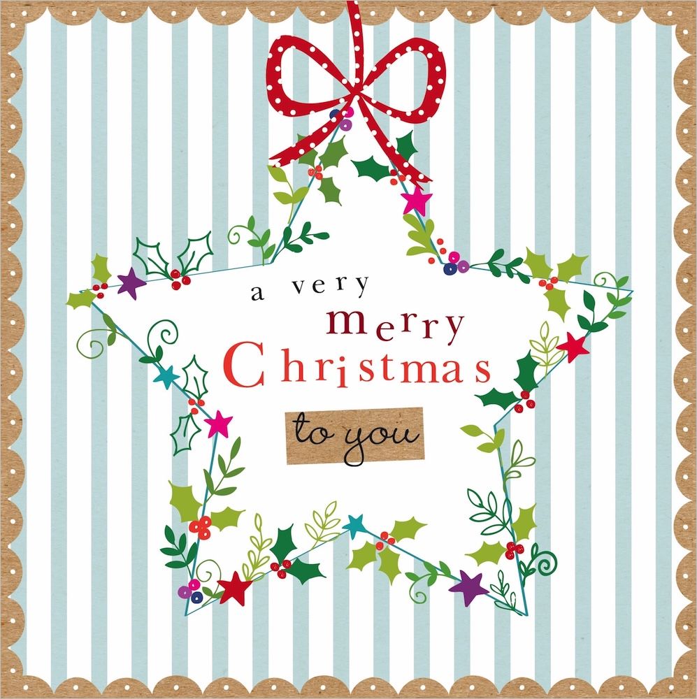 A square Christmas greeting card design with a white center panel reading 'a very merry Christmas to you' in red and black text, surrounded by a colorful holly and vine wreath and a red polka-dot bow at the top. The card has pale blue vertical stripes, a tan scalloped border, and decorative gold flourishes.