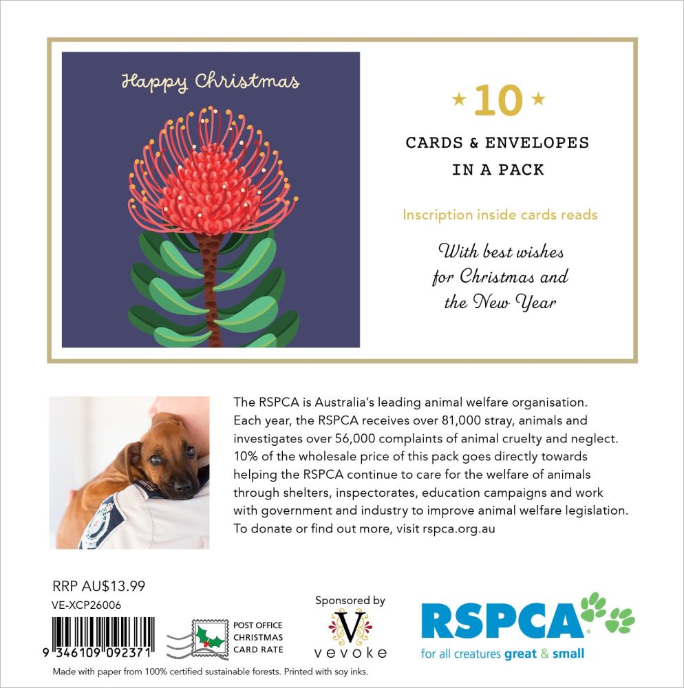 RSPCA Christmas card pack insert showing a navy card with a red protea illustration and 'Happy Christmas' text, alongside product details: 10 cards and envelopes in a pack, a small dog photo, and RSPCA branding with a barcode and postage information.