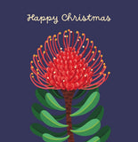 A festive Christmas greeting card design featuring a red protea flower with green leaves on a dark navy blue background, with 'Happy Christmas' written in white script at the top.