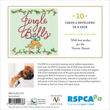 RSPCA 'Jingle Bells' Christmas card pack insert showing 10 cards and envelopes in a pack, with festive red script title, green holly garland, gold bells, and product details including RSPCA branding and a small dog photo on the back.