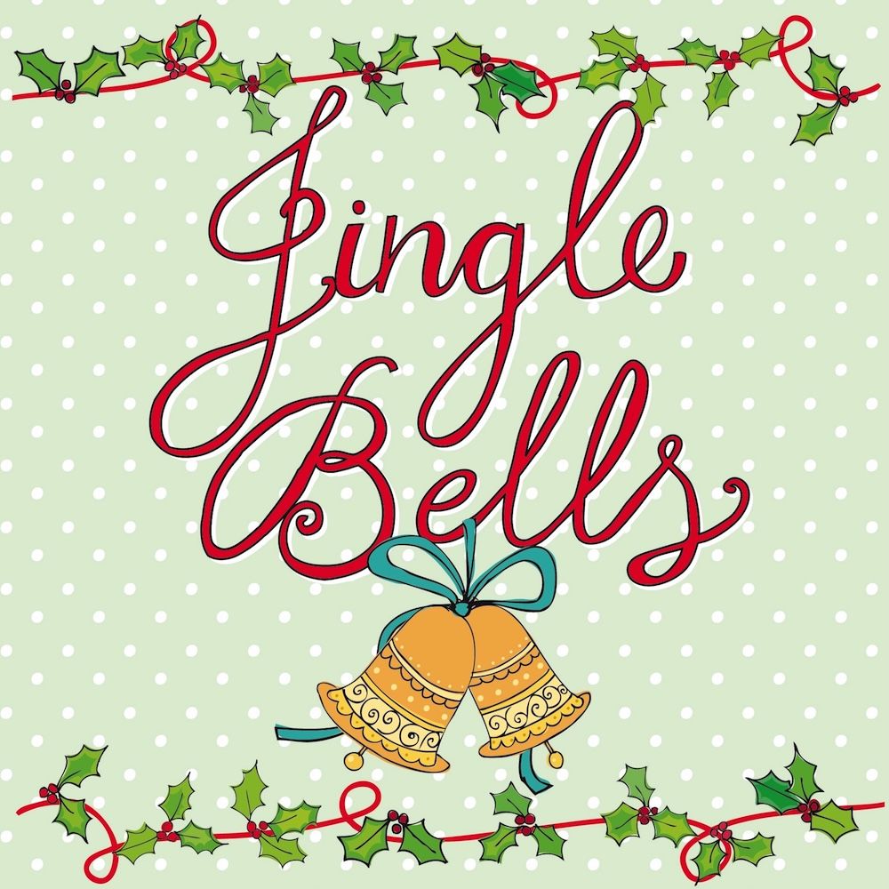 Christmas-themed design with 'Jingle Bells' text and decorative elements on a light green background.