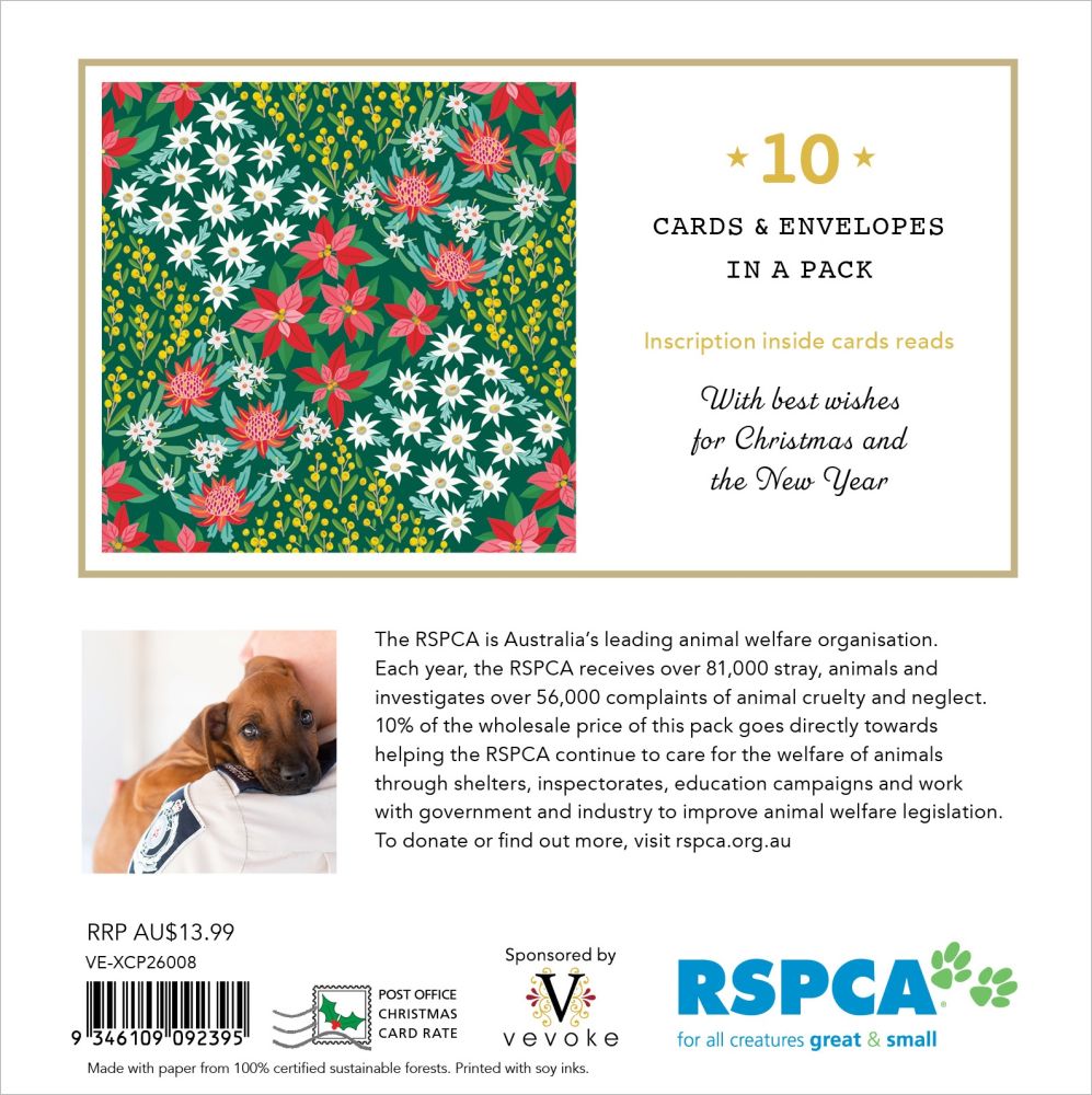 RSPCA Christmas card pack insert showing a festive red, green, and white patterned card envelope, with text stating '10 CARDS & ENVELOPES IN A PACK' and a small photo of a dog holding a card.
