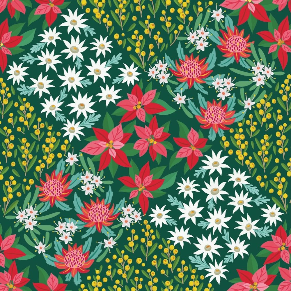 A repeating floral pattern featuring red poinsettias, white daisies, red protea-like flowers, and yellow berry clusters on a dark green background.