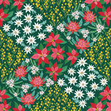 A repeating floral pattern featuring red poinsettias, white daisies, red protea-like flowers, and yellow berry clusters on a dark green background.
