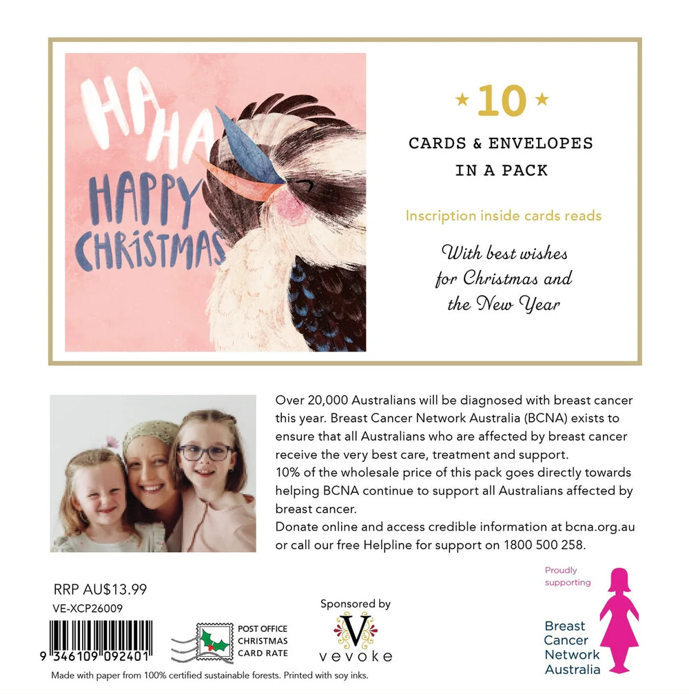 Product packaging with a Christmas card design featuring a bird and text, and a photo of three people below.