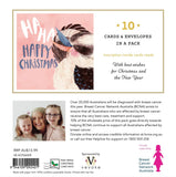 Product packaging with a Christmas card design featuring a bird and text, and a photo of three people below.