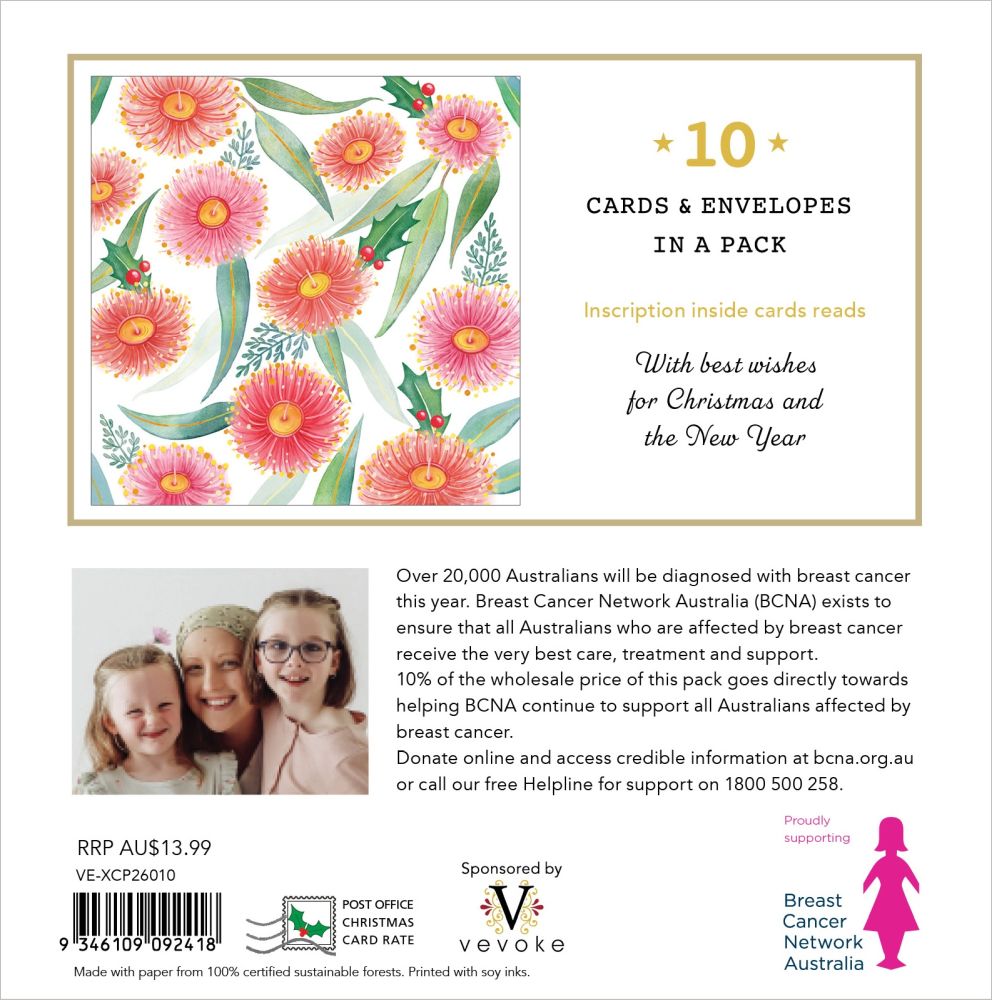 Back of a Christmas card and envelope pack packaging insert, featuring a floral border, text stating '10 CARDS & ENVELOPES IN A PACK,' a small photo of a woman and children, breast cancer awareness messaging, a barcode, and sponsor logos.