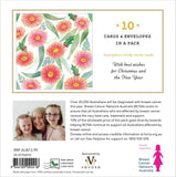 Back of a Christmas card and envelope pack packaging insert, featuring a floral border, text stating '10 CARDS & ENVELOPES IN A PACK,' a small photo of a woman and children, breast cancer awareness messaging, a barcode, and sponsor logos.