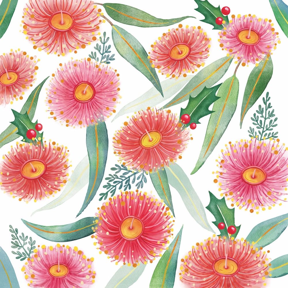 Pattern of pink flowers with green leaves on a white background