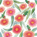Pattern of pink flowers with green leaves on a white background