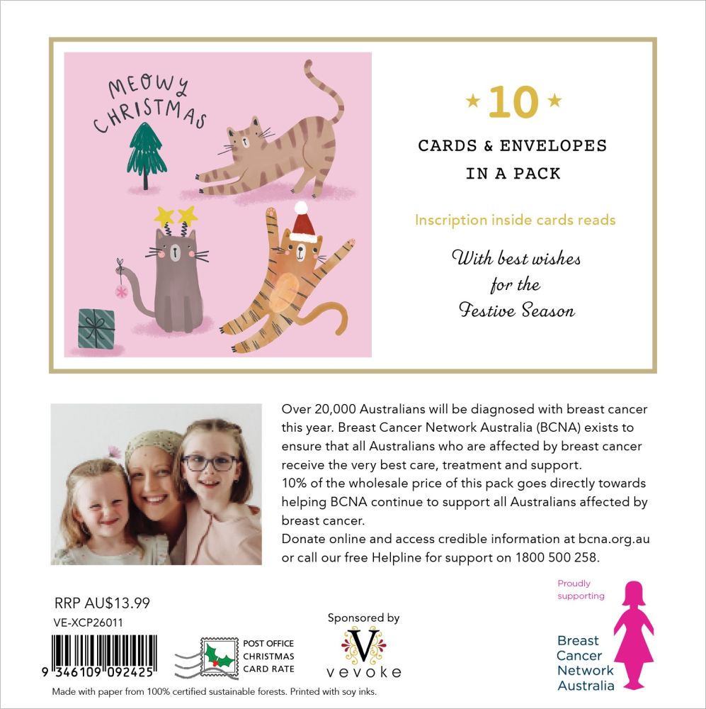 Card with cartoon cats and text about Breast Cancer Network Australia on a pink background