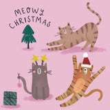 Illustration of cats celebrating Christmas with 'Meowy Christmas' text on a pink background.