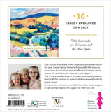 Packaging of Christmas cards with a landscape illustration and text about Breast Cancer Network Australia.