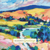 Colorful landscape painting with 'Season's Greetings' text