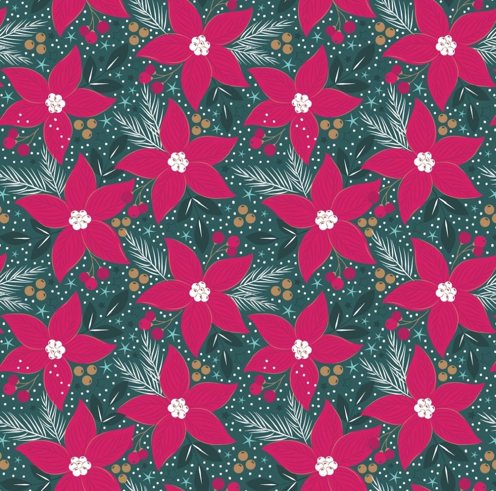 A repeating holiday pattern featuring bright pink poinsettias with white centers, white pine branches, small red berries, and gold berries on a dark teal background.