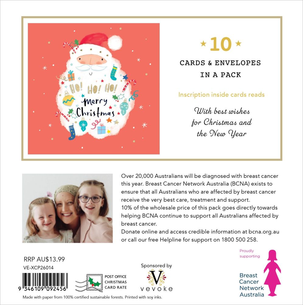 Packaging of Christmas cards with a Santa Claus design and promotional text for Breast Cancer Network Australia.