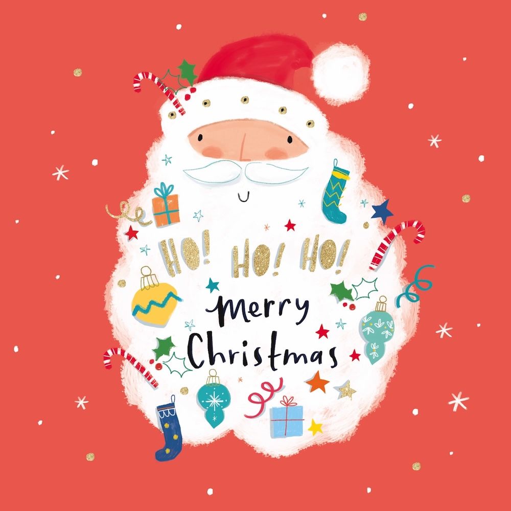Cartoon Santa Claus with festive text and decorations on a red background