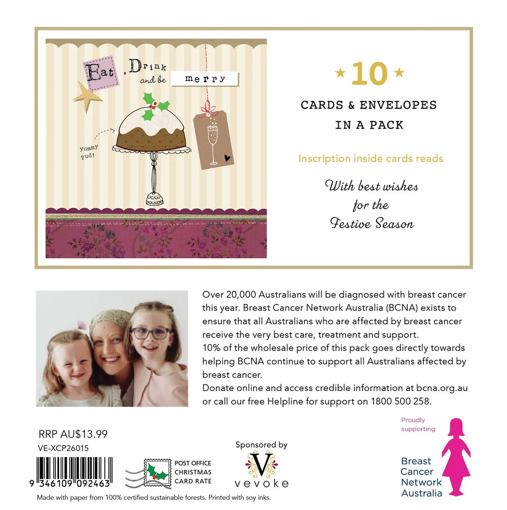 Back cover of a Christmas-themed card and envelope pack for Breast Cancer Network Australia, showing a festive card design with a cake, holiday decorations, text about 10 cards and envelopes, a barcode, and support information.