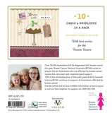 Back cover of a Christmas-themed card and envelope pack for Breast Cancer Network Australia, showing a festive card design with a cake, holiday decorations, text about 10 cards and envelopes, a barcode, and support information.