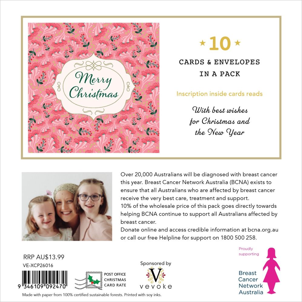 Packaging of Christmas cards with a pink floral design and text about Breast Cancer Network Australia.