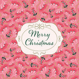 A festive Christmas graphic featuring a central cream-colored decorative label with the words 'Merry Christmas' in dark green script, set against a pink and coral patterned background with green leaves and small gold dots.