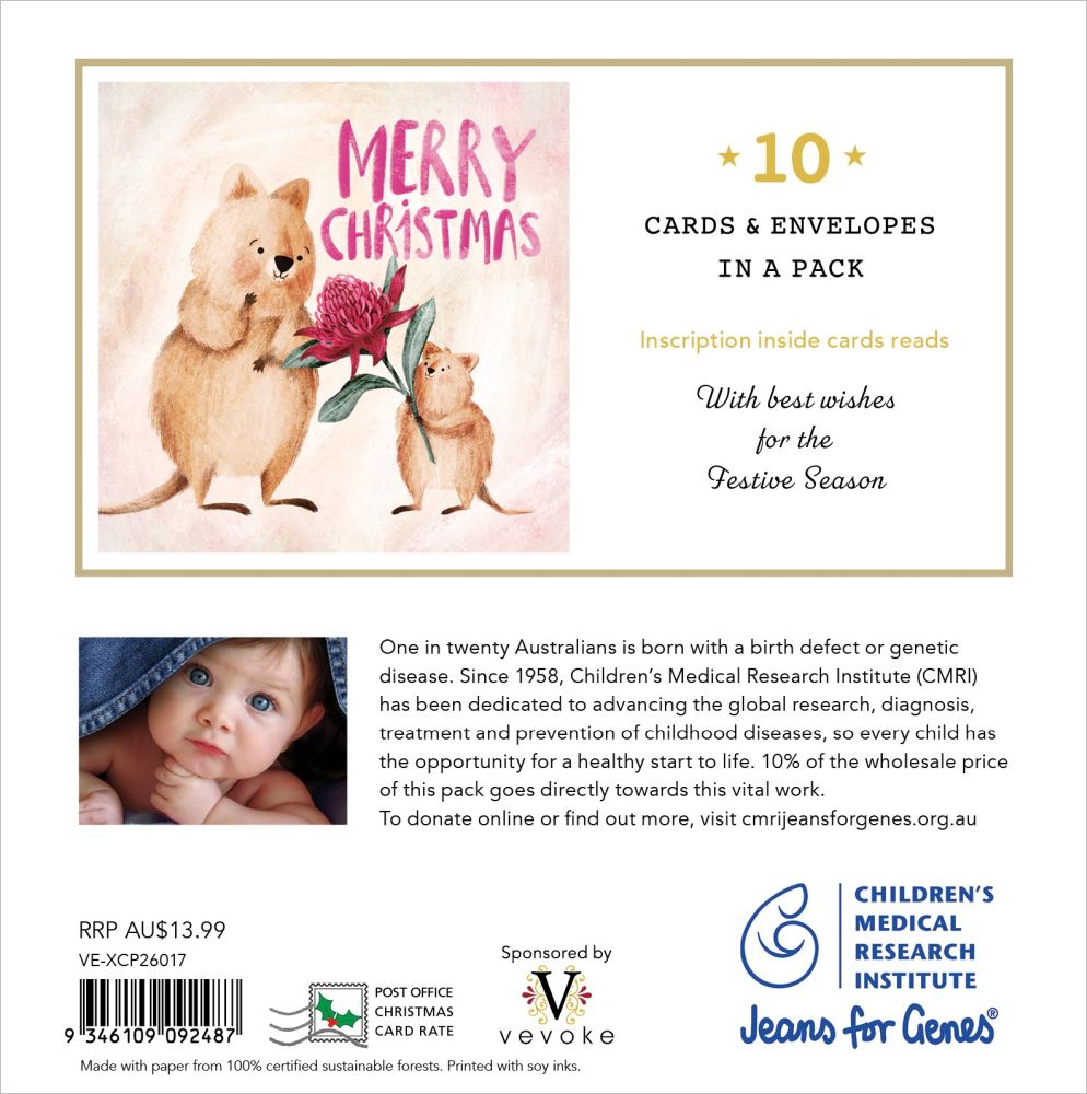 Packaging for Christmas cards with a bear and child illustration, featuring Children's Medical Research Institute branding.