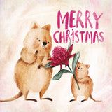 Two cute animals holding a flower with 'Merry Christmas' text on a soft pink background