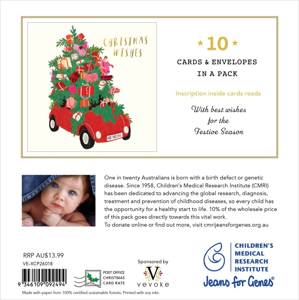 Packaging of Christmas cards with a tree in a car illustration and text about Children's Medical Research Institute.