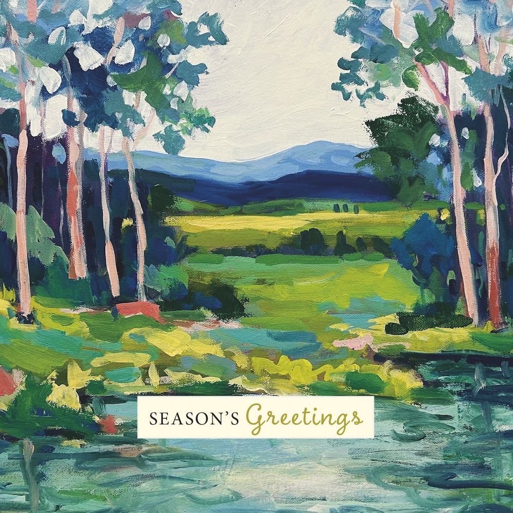 Painting of a forest scene with 'Season's Greetings' text