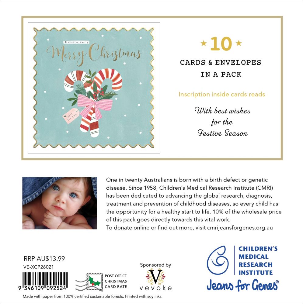 Christmas card packaging with candy canes and a baby photo, featuring Children's Medical Research Institute branding.