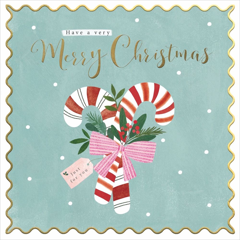 A square Christmas greeting card design with a scalloped gold border on a pale blue background. The card reads 'Have a very Merry Christmas' in gold script, with an illustration of two red-and-white striped candy canes, green holly leaves, berries, and a pink striped bow.