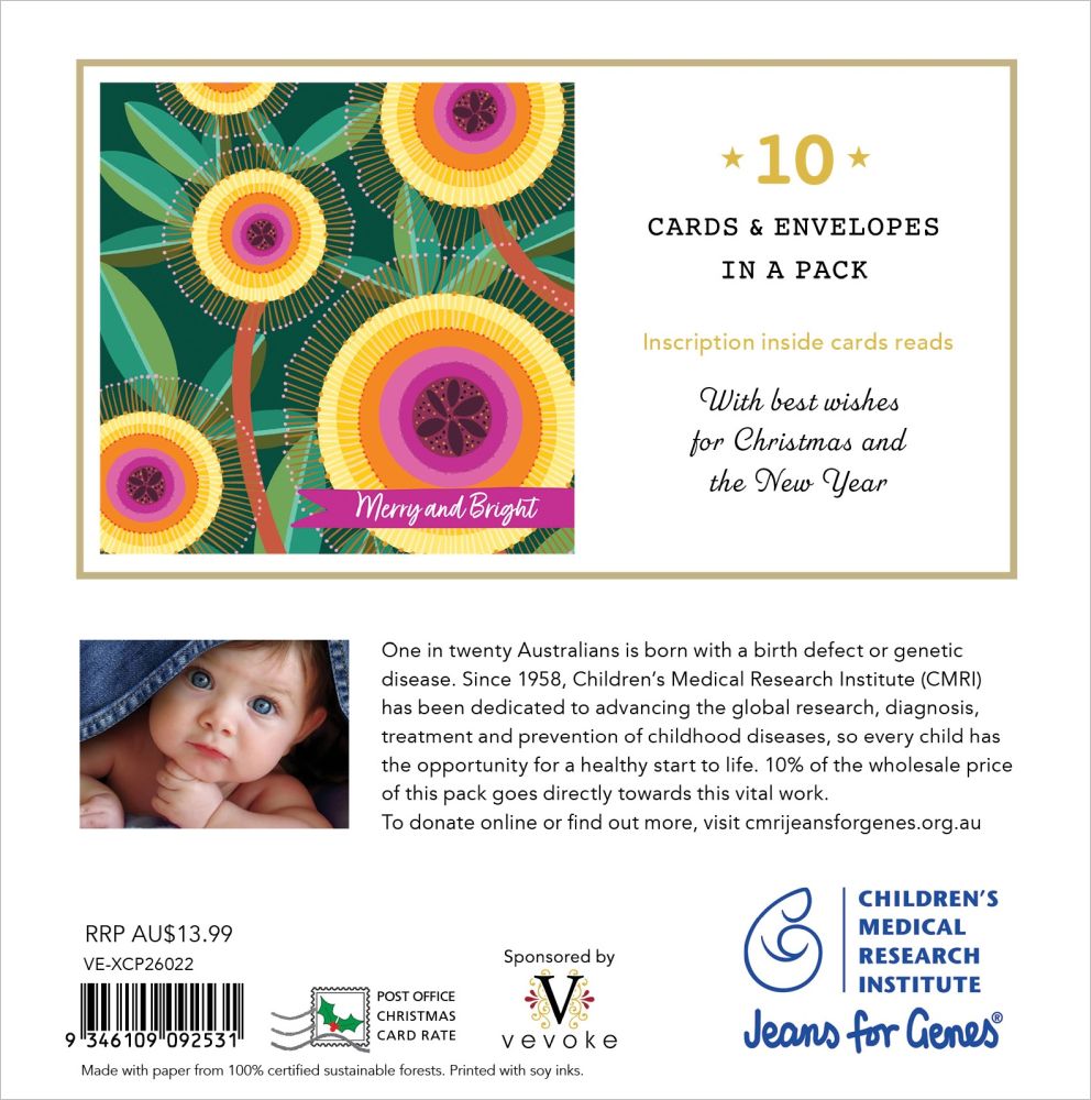 Product packaging with Christmas card design and text about Children's Medical Research Institute.