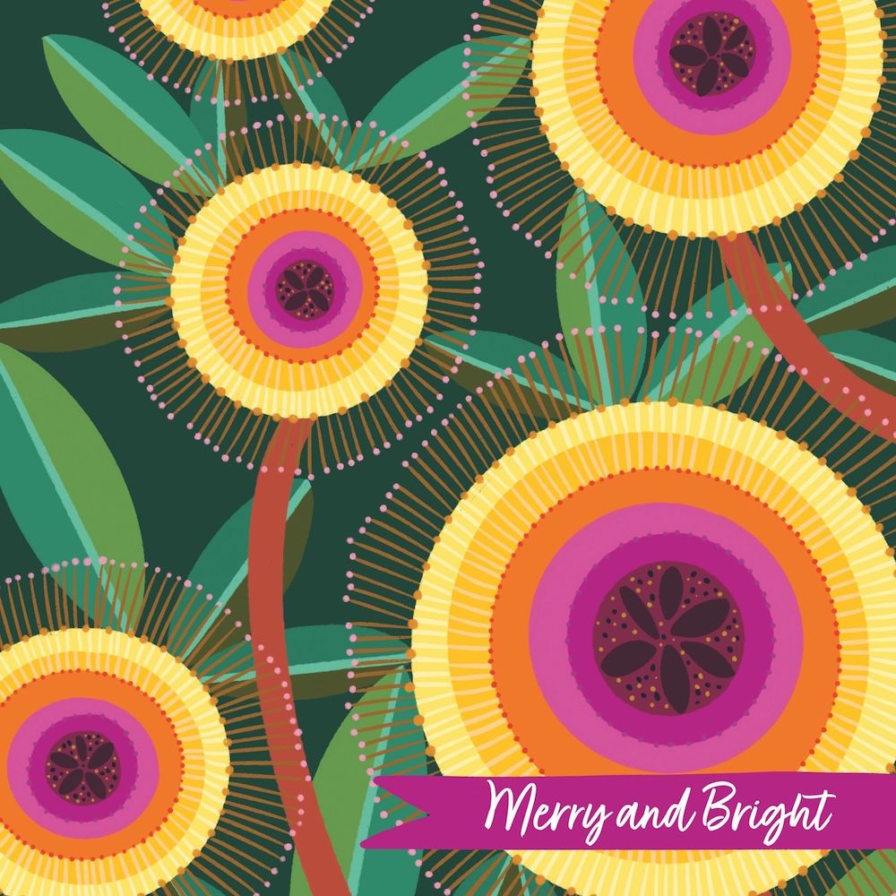 Colorful floral design with 'Merry and Bright' text on a green background