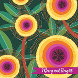 Colorful floral design with 'Merry and Bright' text on a green background
