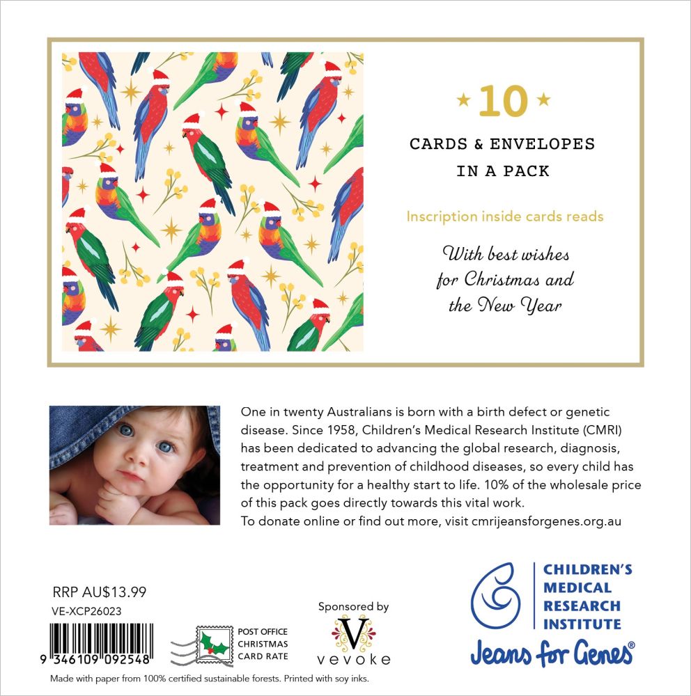 Back cover of a Christmas card pack showing a colorful illustration of Santa-clad birds, text stating '10 cards & envelopes in a pack,' a small photo of a child, and donation and sponsor logos at the bottom.