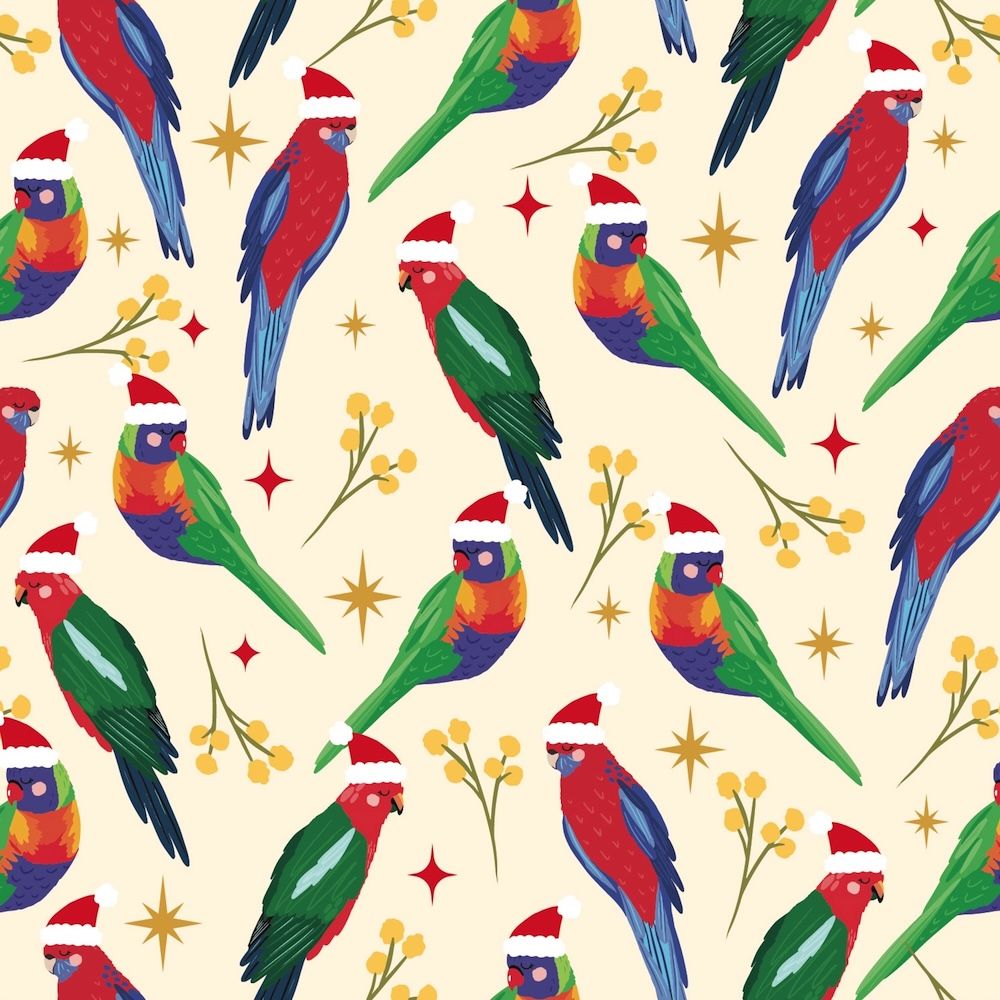Pattern of colorful parrots wearing Santa hats on a beige background with stars and flowers.